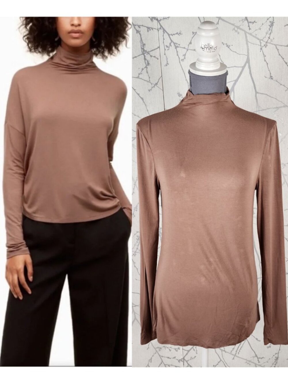 Babaton Beige Cream Stretch Jersey Mockneck Long Sleeve